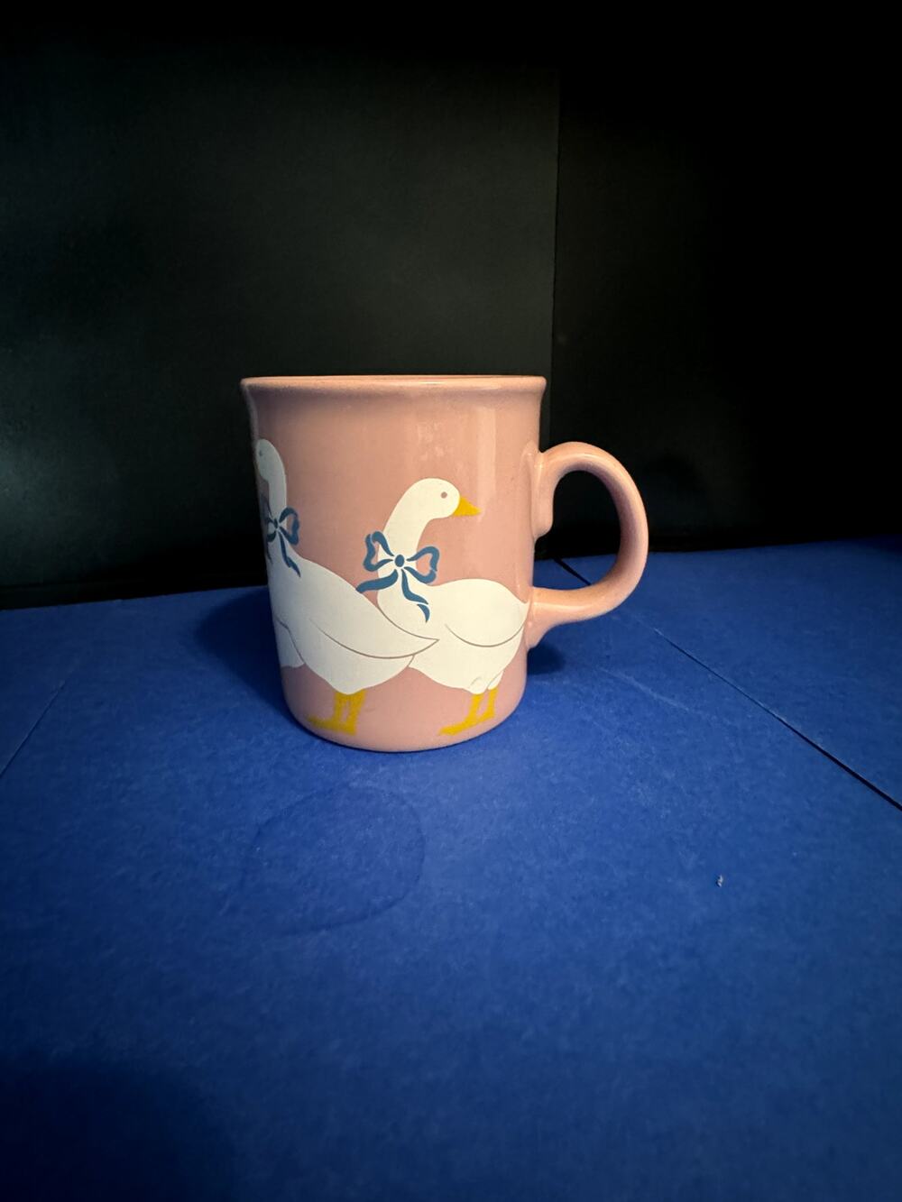 Vintage 1980s Geese with Blue Ribbons Pink Coffee Mug Made in England